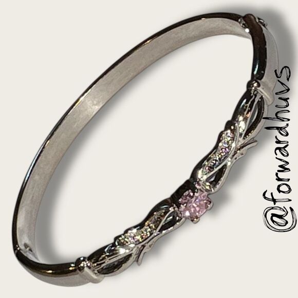 Silver-Plated Hinged Bracelet – Pink Cubic Zirconia - Ornate Center Pattern - Picture 1 of 12
